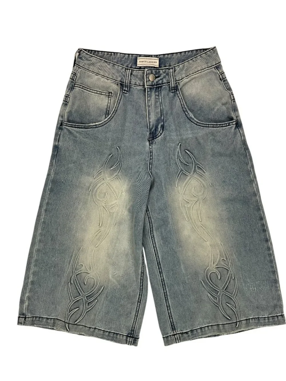 Austin Landing Queen Jorts Denim Shorts 3 Blue Embroidered Tribal Skater